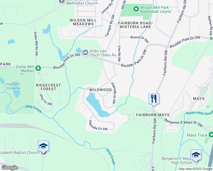map of restaurants, bars, coffee shops, grocery stores, and more near 3960 Wildwood Lake Drive Southwest in Atlanta