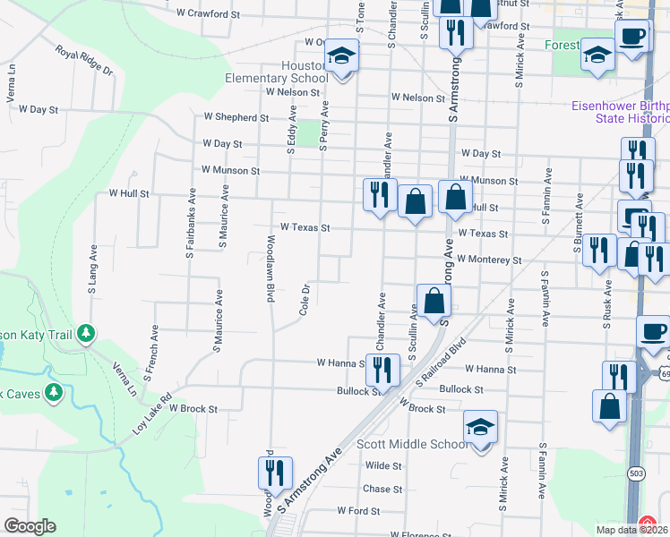map of restaurants, bars, coffee shops, grocery stores, and more near 1217 South Treece Avenue in Denison