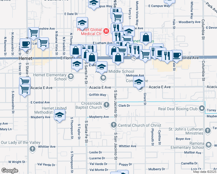 map of restaurants, bars, coffee shops, grocery stores, and more near 1200 Acacia Avenue in Hemet