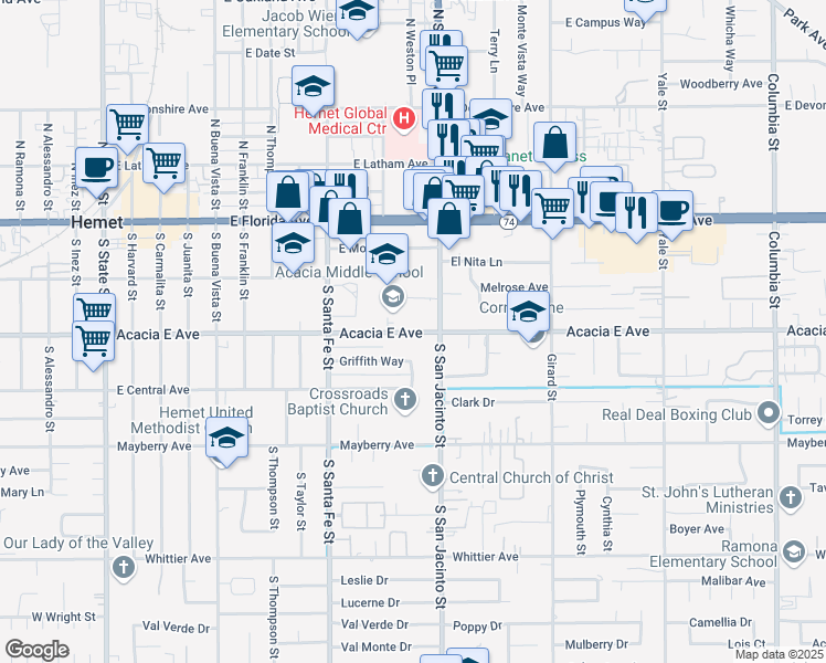 map of restaurants, bars, coffee shops, grocery stores, and more near 1200 Acacia Avenue in Hemet