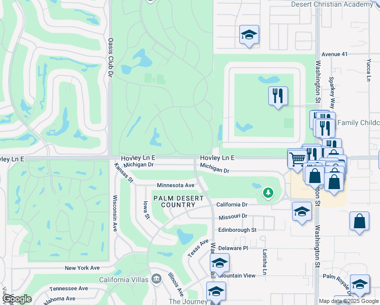 map of restaurants, bars, coffee shops, grocery stores, and more near 41869 Preston Trail in Palm Desert