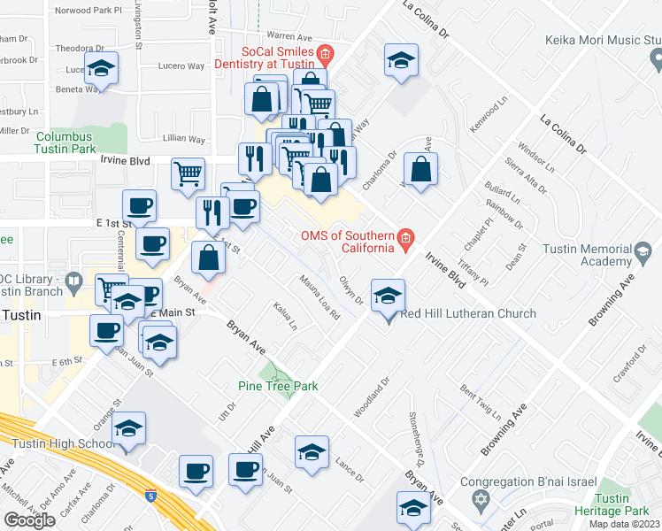map of restaurants, bars, coffee shops, grocery stores, and more near 1342 Olwyn Drive in Tustin