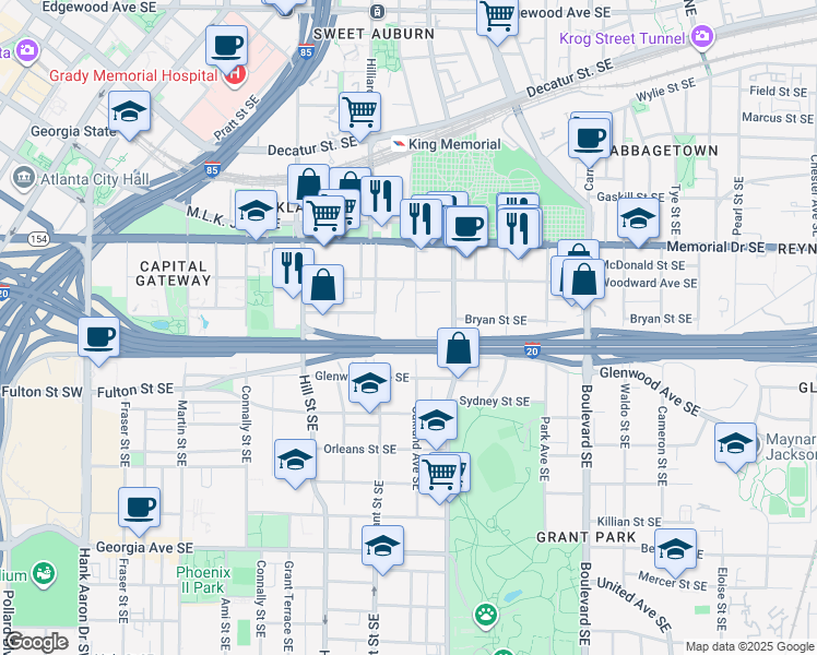 map of restaurants, bars, coffee shops, grocery stores, and more near 387 Oakland Avenue Southeast in Atlanta