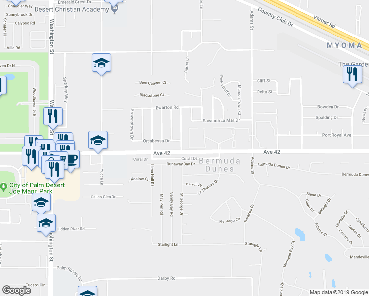 map of restaurants, bars, coffee shops, grocery stores, and more near 78642 Avenue 42 in Bermuda Dunes