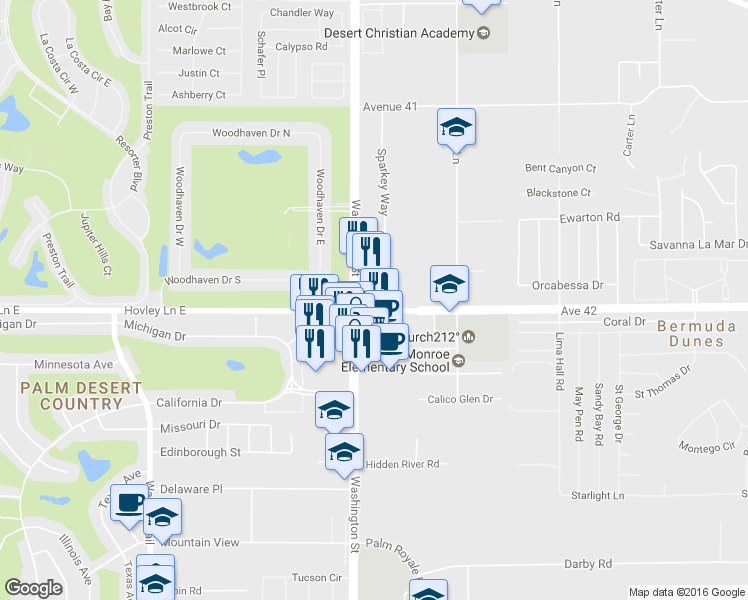map of restaurants, bars, coffee shops, grocery stores, and more near 78348 Avenue 42 in Bermuda Dunes