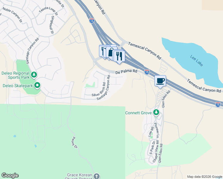 map of restaurants, bars, coffee shops, grocery stores, and more near 11868 Viola Circle in Corona