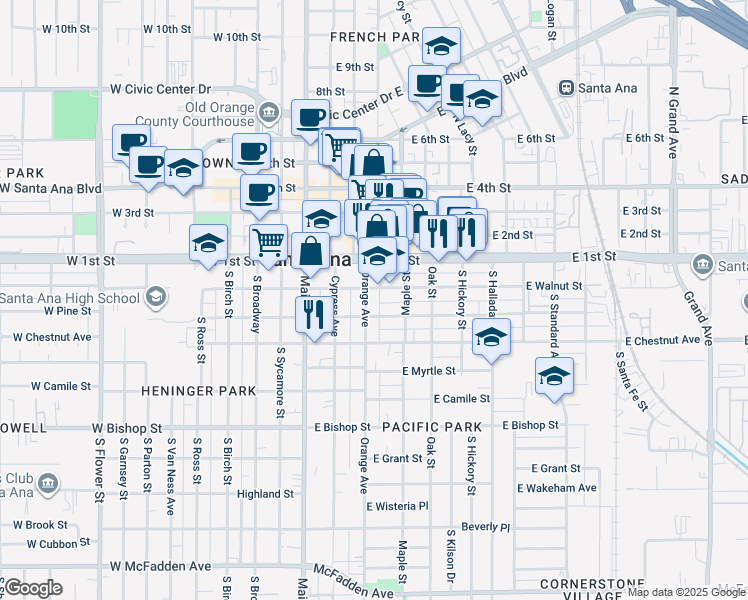 map of restaurants, bars, coffee shops, grocery stores, and more near 320 East Walnut Street in Santa Ana