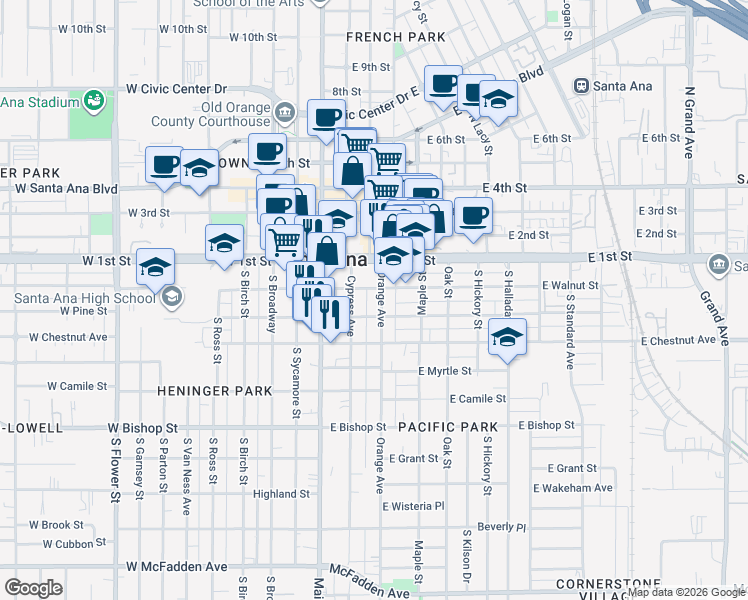 map of restaurants, bars, coffee shops, grocery stores, and more near 212 Orange Avenue in Santa Ana