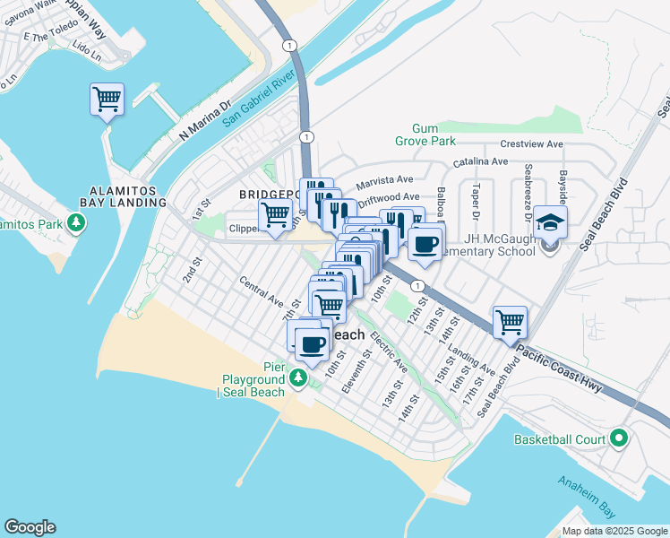 map of restaurants, bars, coffee shops, grocery stores, and more near 302 8th Street in Seal Beach