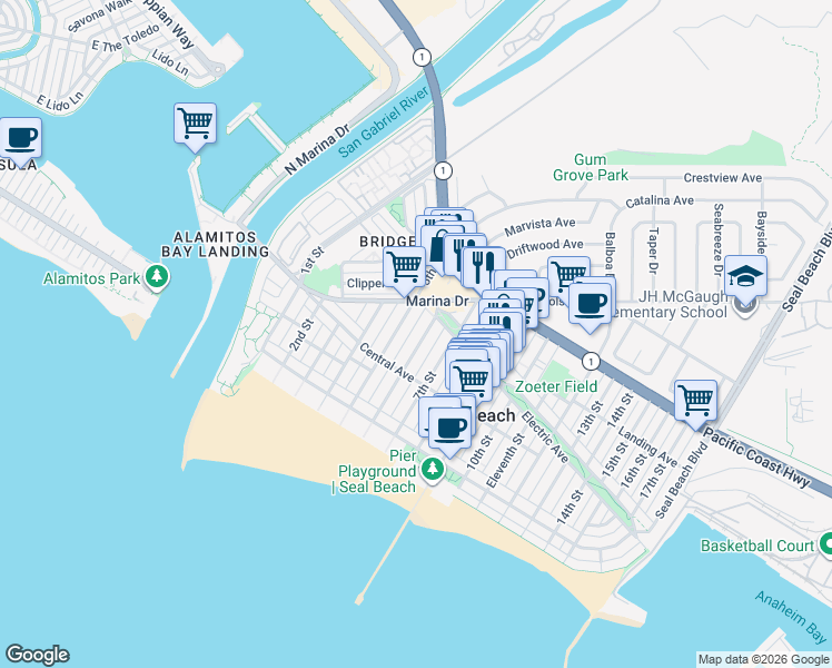 map of restaurants, bars, coffee shops, grocery stores, and more near 235 6th Street in Seal Beach