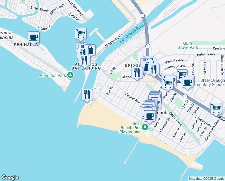 map of restaurants, bars, coffee shops, grocery stores, and more near 127 2nd Street in Seal Beach