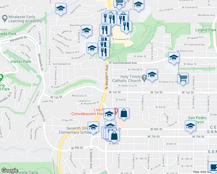 map of restaurants, bars, coffee shops, grocery stores, and more near 116 California 213 in Los Angeles