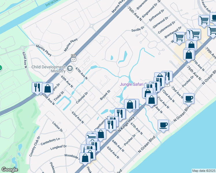 map of restaurants, bars, coffee shops, grocery stores, and more near 782 67th Avenue North in Myrtle Beach