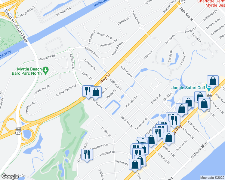 map of restaurants, bars, coffee shops, grocery stores, and more near 6217 Tindal Street in Myrtle Beach