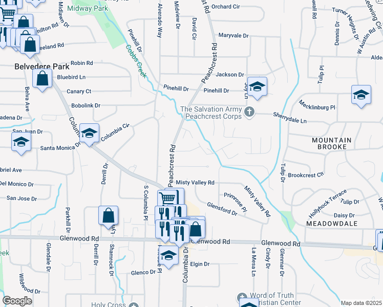 map of restaurants, bars, coffee shops, grocery stores, and more near 3369 Columbia Trce in Decatur