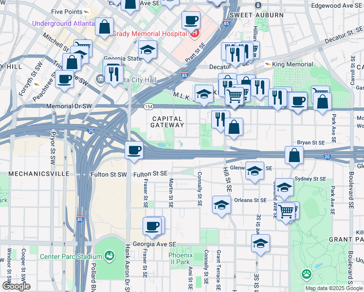 map of restaurants, bars, coffee shops, grocery stores, and more near 921 Logan Street Southeast in Atlanta