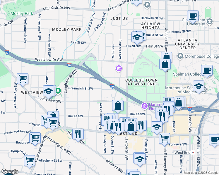 map of restaurants, bars, coffee shops, grocery stores, and more near 1167 Greenwich Street Southwest in Atlanta