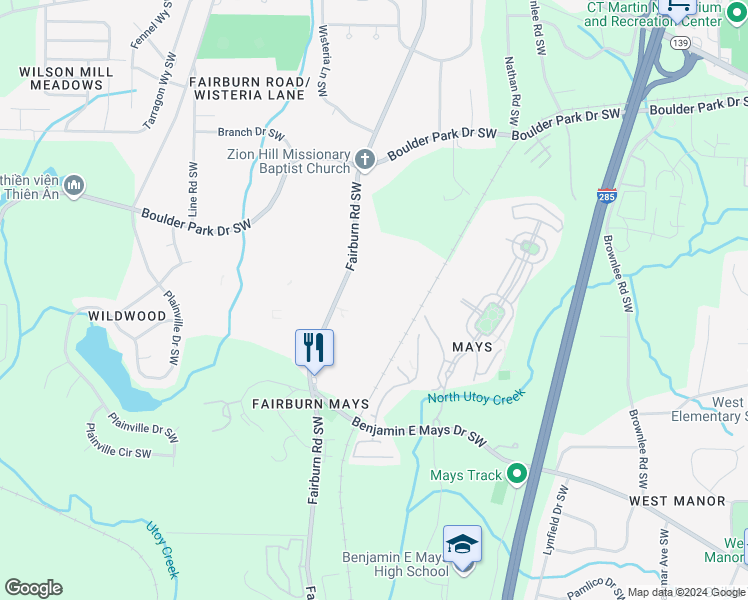 map of restaurants, bars, coffee shops, grocery stores, and more near 88 Fairburn Towne Houses in Atlanta