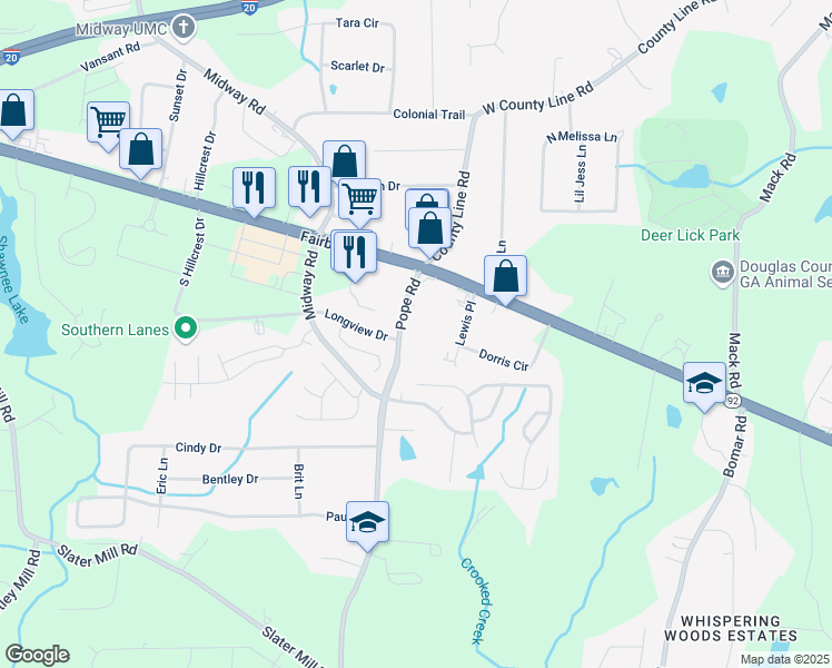 map of restaurants, bars, coffee shops, grocery stores, and more near 2290 Pope Road in Douglasville