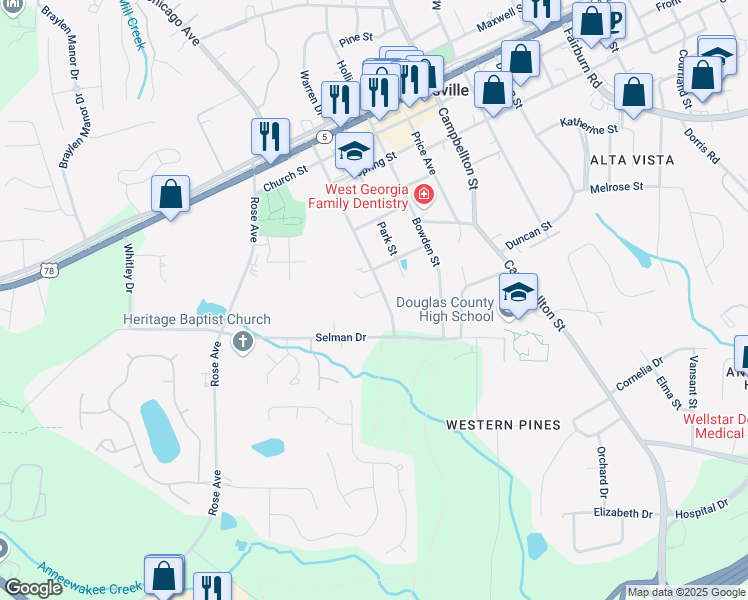 map of restaurants, bars, coffee shops, grocery stores, and more near 6718 Oakhurst Court in Douglasville