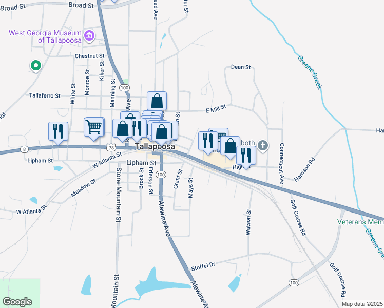map of restaurants, bars, coffee shops, grocery stores, and more near 2226 U.S. 78 in Tallapoosa
