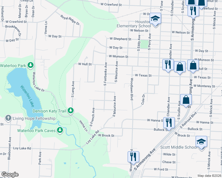 map of restaurants, bars, coffee shops, grocery stores, and more near 1511 West Heron Street in Denison