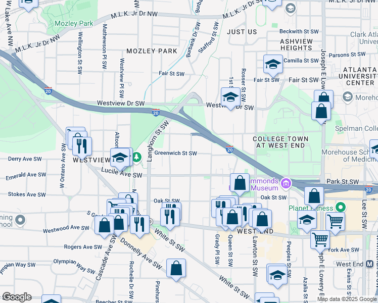 map of restaurants, bars, coffee shops, grocery stores, and more near 405 Atwood Street Southwest in Atlanta