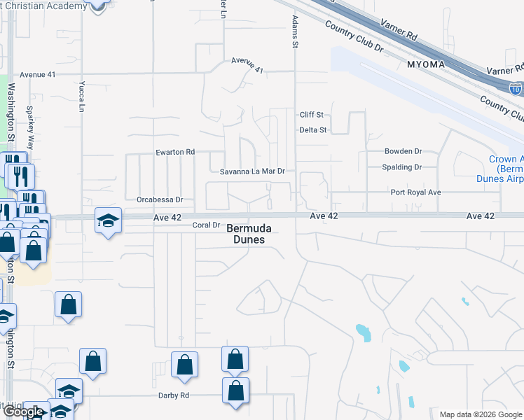 map of restaurants, bars, coffee shops, grocery stores, and more near 78650 Avenue 42 in Bermuda Dunes