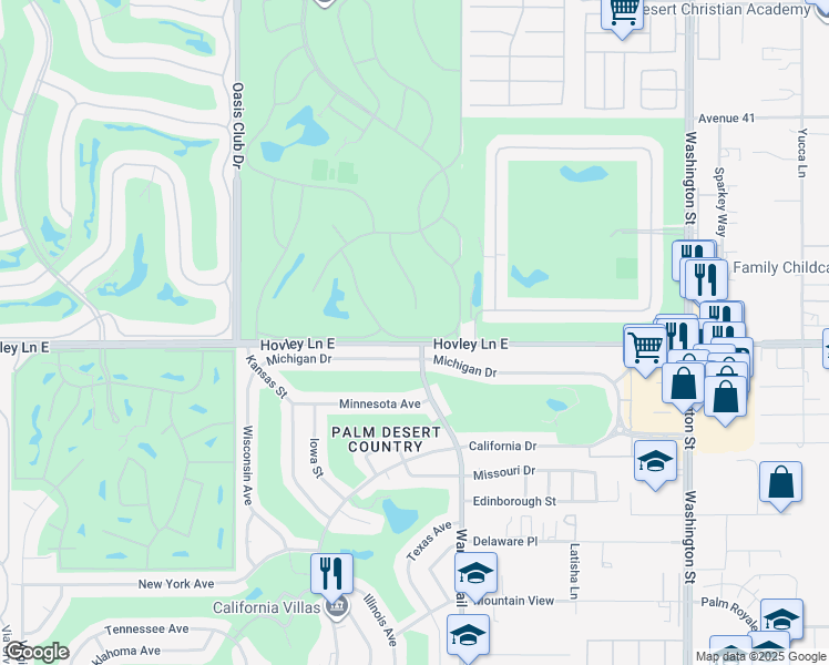 map of restaurants, bars, coffee shops, grocery stores, and more near 41865 Preston Trail in Palm Desert
