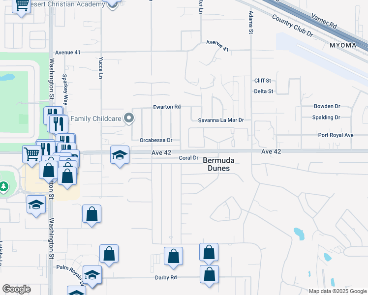 map of restaurants, bars, coffee shops, grocery stores, and more near 78642 Avenue 42 in Bermuda Dunes