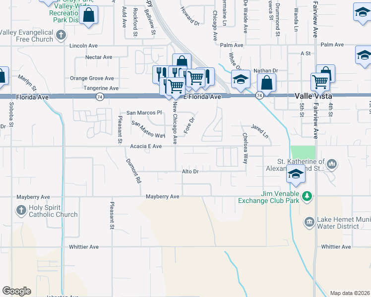 map of restaurants, bars, coffee shops, grocery stores, and more near 43353 Acacia East Avenue in Hemet