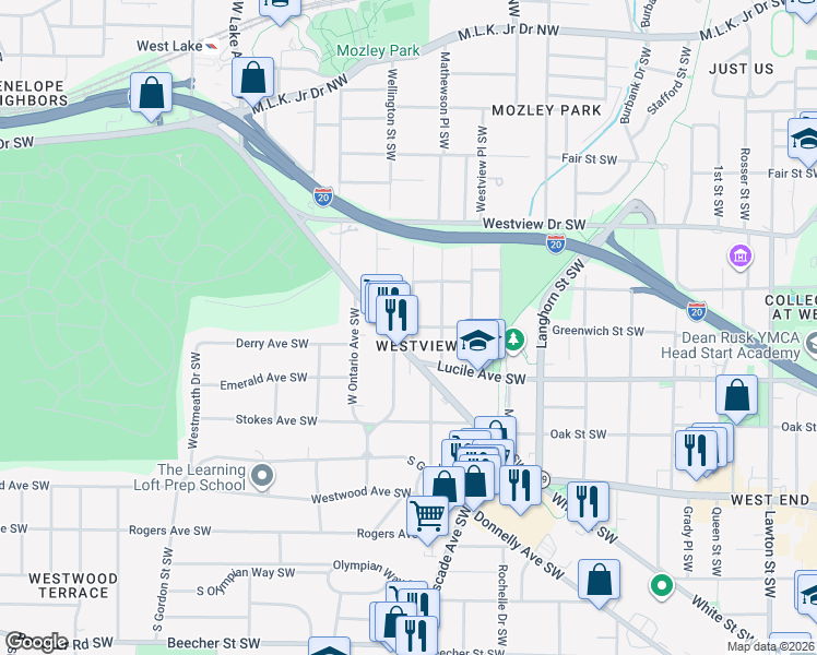 map of restaurants, bars, coffee shops, grocery stores, and more near 1549 Ralph David Abernathy Freeway in Atlanta
