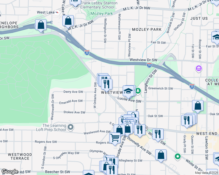 map of restaurants, bars, coffee shops, grocery stores, and more near 1549 Ralph David Abernathy Freeway in Atlanta
