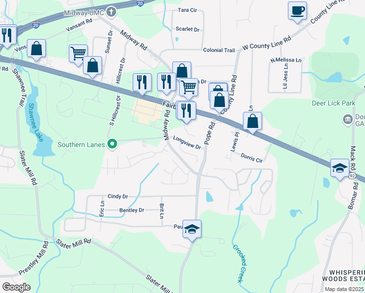 map of restaurants, bars, coffee shops, grocery stores, and more near 3741 Longview Drive in Douglasville