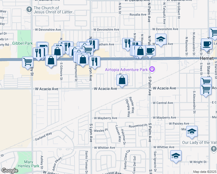 map of restaurants, bars, coffee shops, grocery stores, and more near 1445 Florida Avenue in Hemet