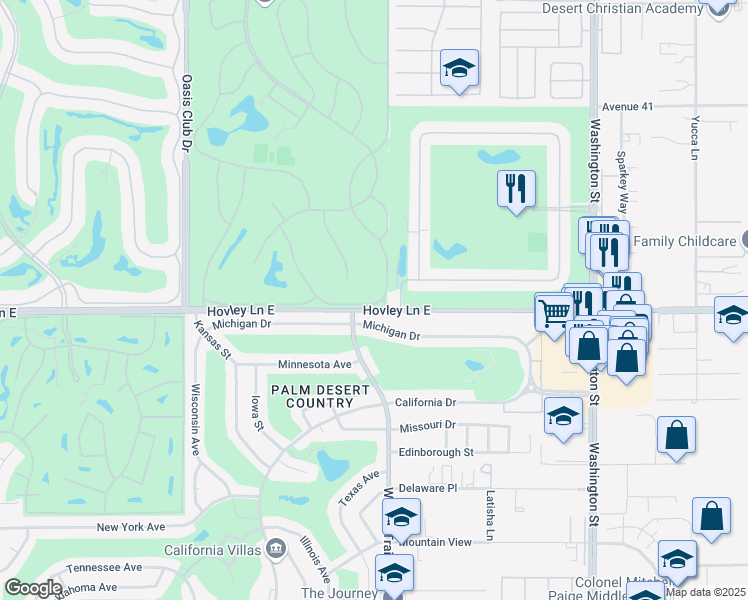 map of restaurants, bars, coffee shops, grocery stores, and more near 41835 Preston Trail in Palm Desert