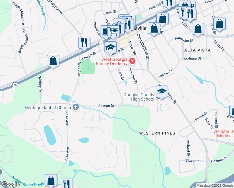 map of restaurants, bars, coffee shops, grocery stores, and more near 6718 Oakhurst Court in Douglasville