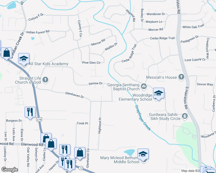 map of restaurants, bars, coffee shops, grocery stores, and more near 4489 Denise Drive in Decatur