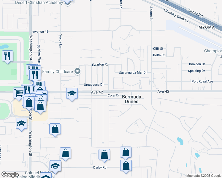 map of restaurants, bars, coffee shops, grocery stores, and more near 78642 Avenue 42 in Bermuda Dunes