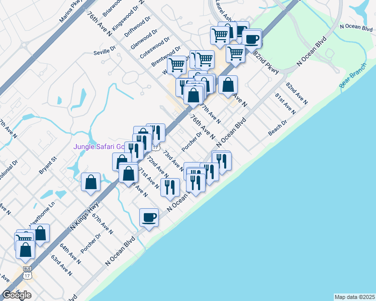 map of restaurants, bars, coffee shops, grocery stores, and more near 311 75th Avenue North in Myrtle Beach
