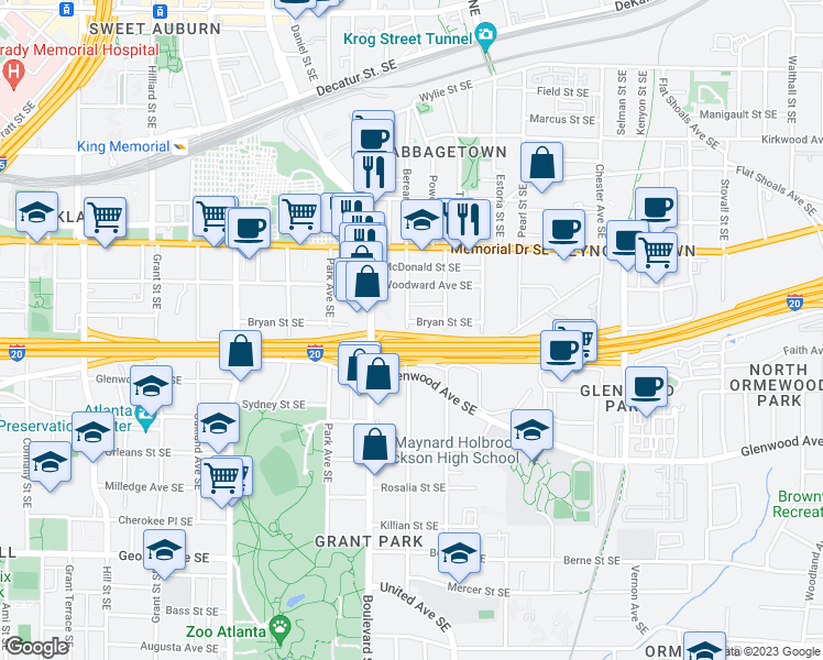 map of restaurants, bars, coffee shops, grocery stores, and more near 653 Bryan Street Southeast in Atlanta