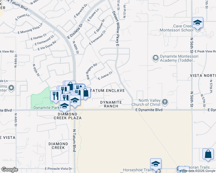 map of restaurants, bars, coffee shops, grocery stores, and more near 5027 East Roberta Drive in Cave Creek