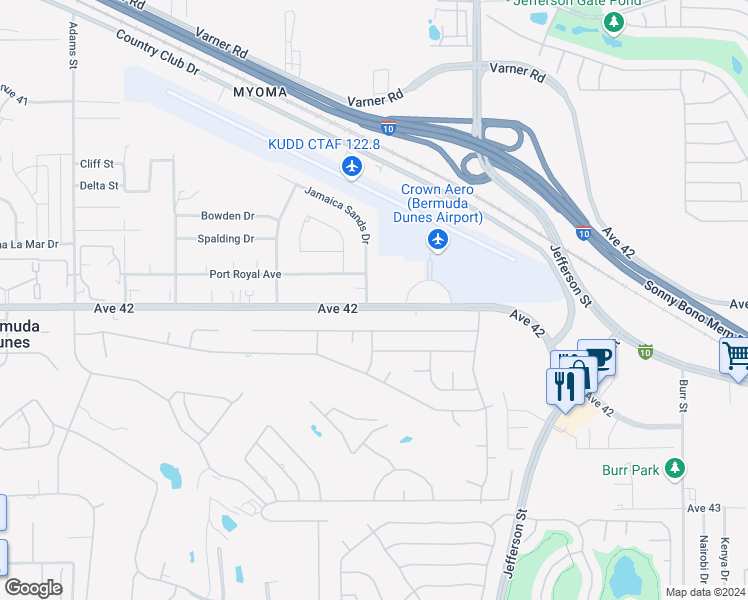 map of restaurants, bars, coffee shops, grocery stores, and more near 79740 Avenue 42 in Bermuda Dunes