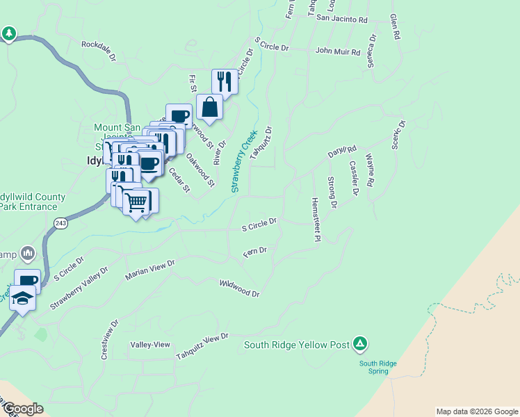 map of restaurants, bars, coffee shops, grocery stores, and more near 26020 Boulder Drive in Idyllwild-Pine Cove