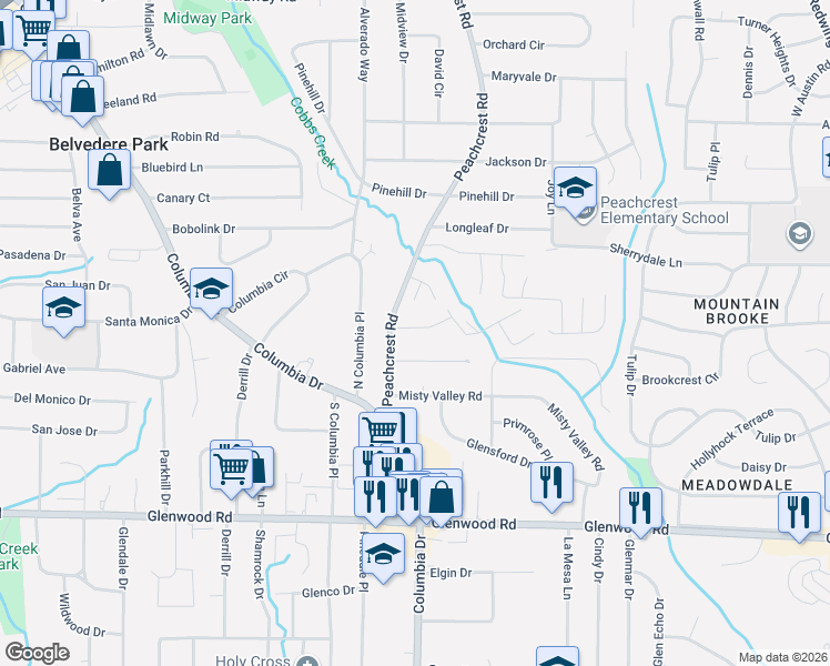 map of restaurants, bars, coffee shops, grocery stores, and more near 3369 Columbia Trce in Decatur