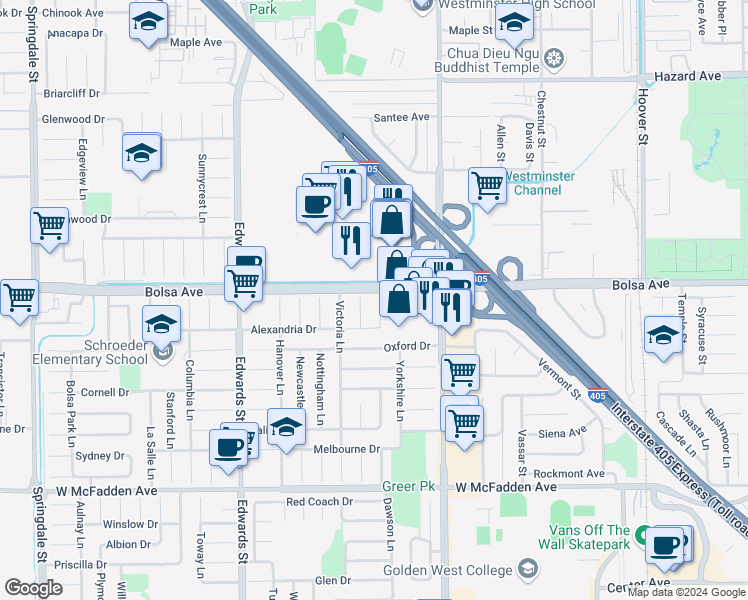map of restaurants, bars, coffee shops, grocery stores, and more near 15011 Sussex Circle in Huntington Beach