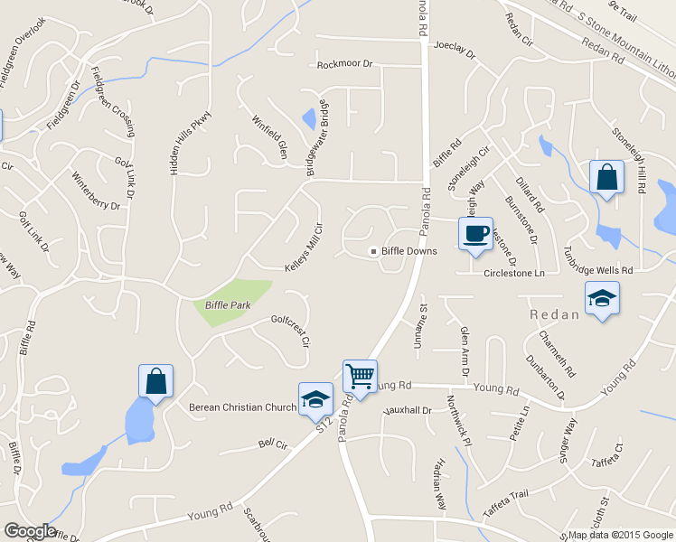 map of restaurants, bars, coffee shops, grocery stores, and more near 5363 Biffle Lane in Stone Mountain