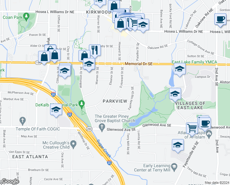 map of restaurants, bars, coffee shops, grocery stores, and more near 323 South Howard Street Southeast in Atlanta