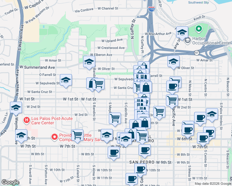 map of restaurants, bars, coffee shops, grocery stores, and more near 133 North Parker Street in Los Angeles