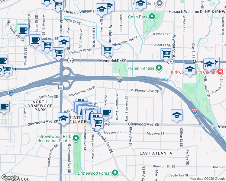 map of restaurants, bars, coffee shops, grocery stores, and more near 1397 McPherson Avenue Southeast in Atlanta